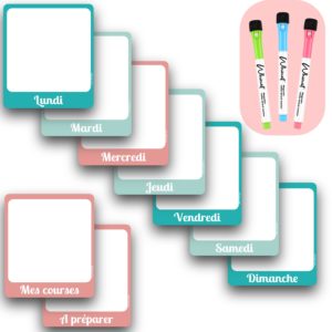 WHINAT - WEEKLY MAGNETIC BOARD ⭐ Ideal for Diary / Menus / Meals / Memo / Shopping list - To put on the fridge - Made of 9 flexible magnets + 3 magnetic markers - To organize your whole week with magnetic veleda marker magnet notepad list lists