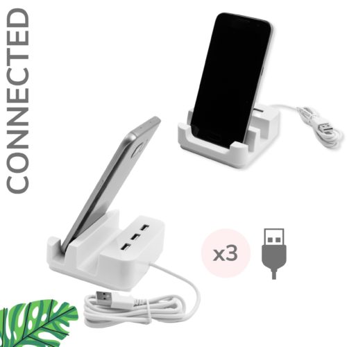 White Desk Organizer with USB Connected Smartphone Mobile Phone Holder