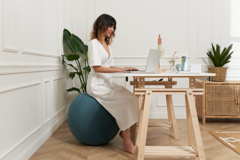 WHIBALL French brand for dynamic seat inflated ball with pump reading woman pink Haussmann apartment blue office white trestles